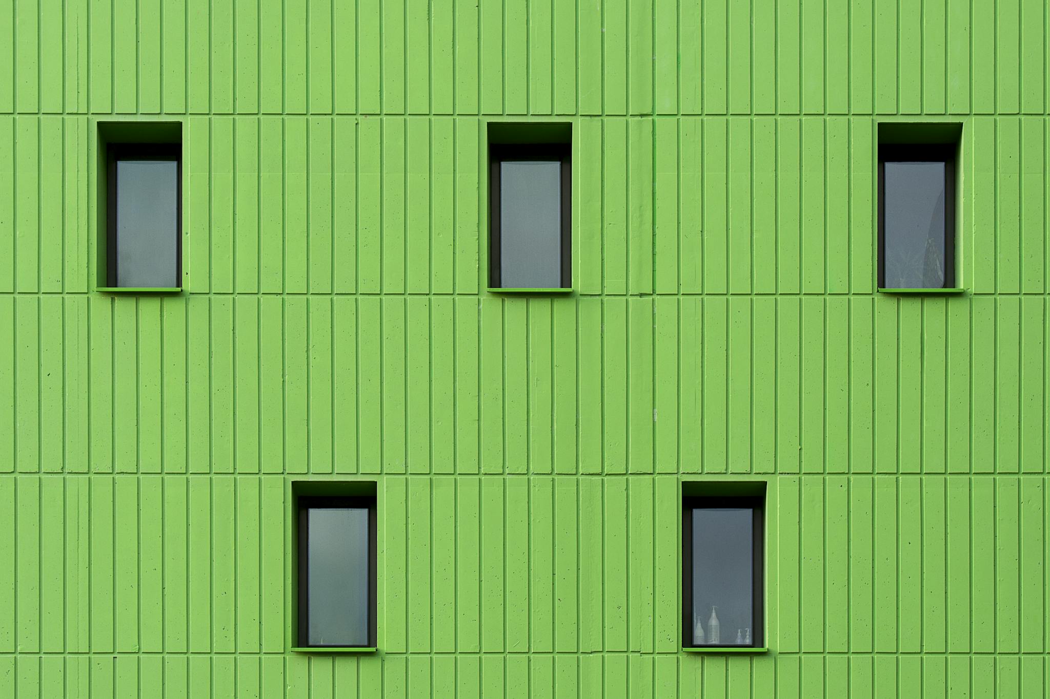 Vibrant green building facade with symmetrical black-framed windows.